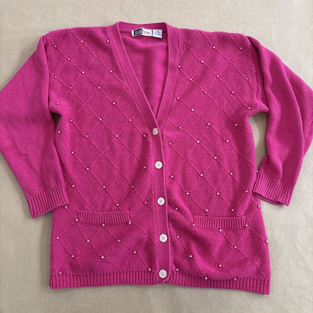 Hot Pink Lucia Petites Diamond Knit Oversize Cardigan Pearl Embellishment Size S